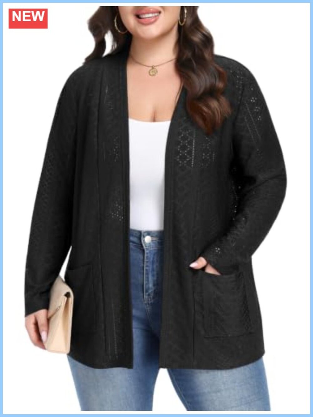 Plus Size Open Front Cardigan Long Sleeve Lightweight Lace Knit